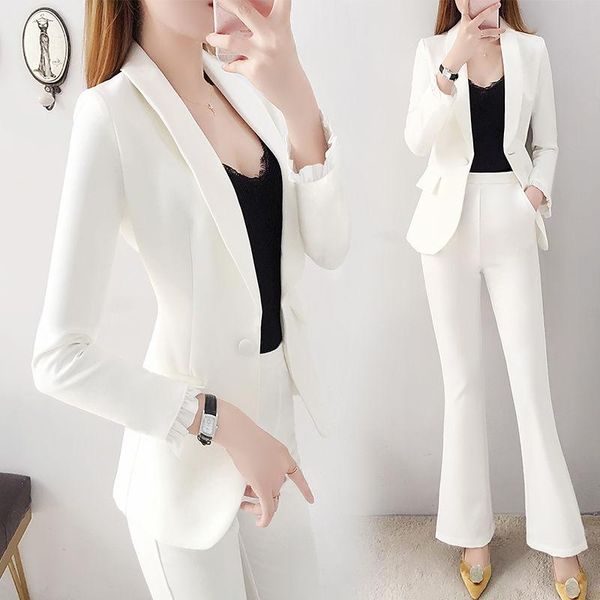 

women's two piece pants sets 2 matching set casual single button blazer elastic waist suit, White
