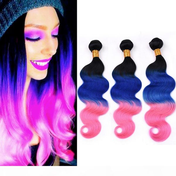 

#1b blue pink dark root 3tone ombre brazilian human hair bundles black blue to pink ombre body wave human hair weaves wefts 10-30