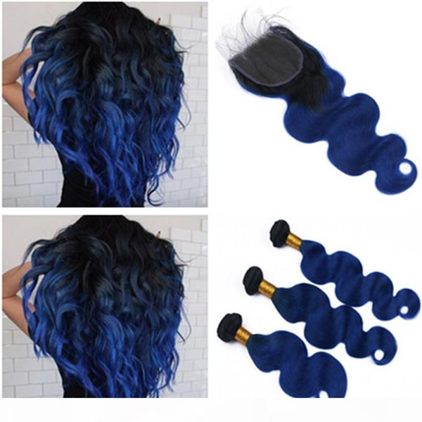

body wave #1b blue ombre indian virgin human hair wefts with 4x4 lace closure ombre dark blue human hair bundles deals with closure, Black