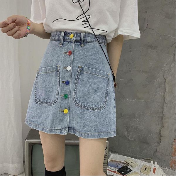 

2021 summer women denim skirt casual a line colorful buttons skirts girls pockets demin skirt s xl drop shipping, Black