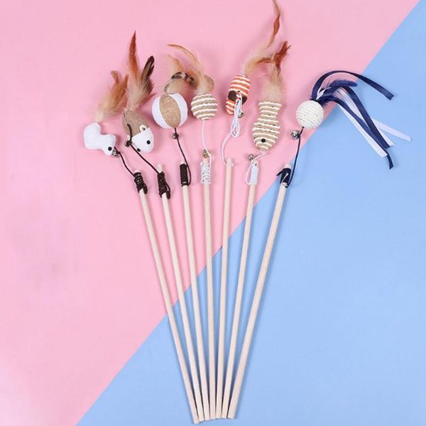 

cat toys feather funny stick pet interactive toy with bell cloth mouse puzzle wooden pole cotton rope bite