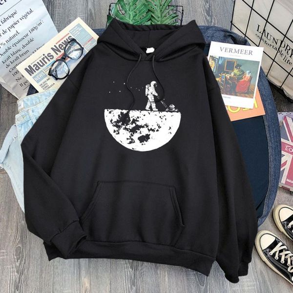 

women's hoodies & sweatshirts female hoodie astronaut walks on the moon cartoon print womens oversized loose round neck women thirteen, Black