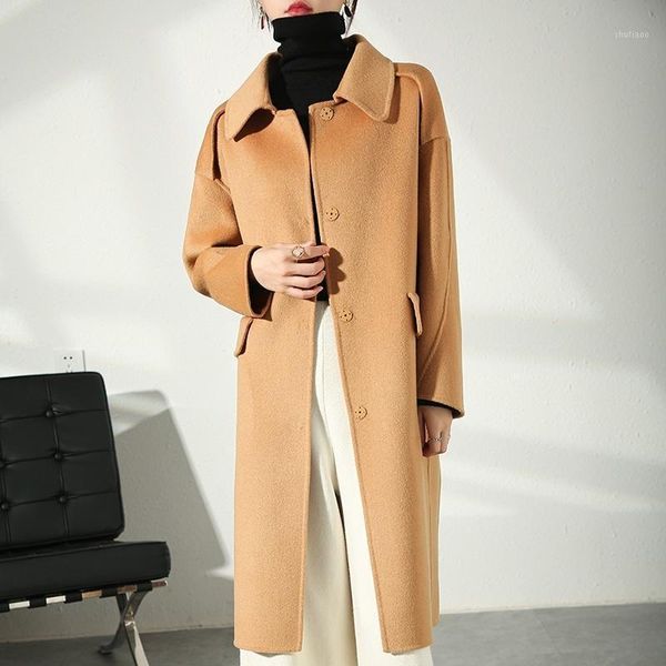

women's wool & blends temperament double-sided cashmere coat mid autumn and winter long sheep belt korean slim tweed, Black