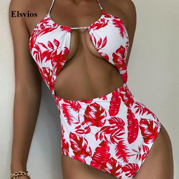 

halter push up one piece swimwear bikini women hollow out swimsuit bathing suit 2021 leaf print backless monokini bodysuits