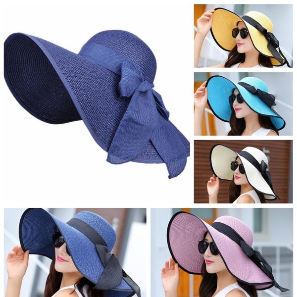 

wide brim hats #1 summer floppy straw hat women bowknot beach sun foldable cap, Blue;gray