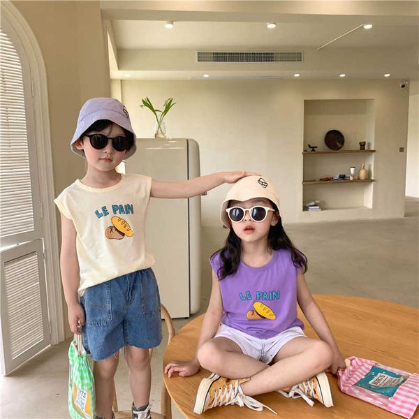 

korean style children cute bread printing sleevess t shirts boys and girls cotton loose vests 210615, Blue
