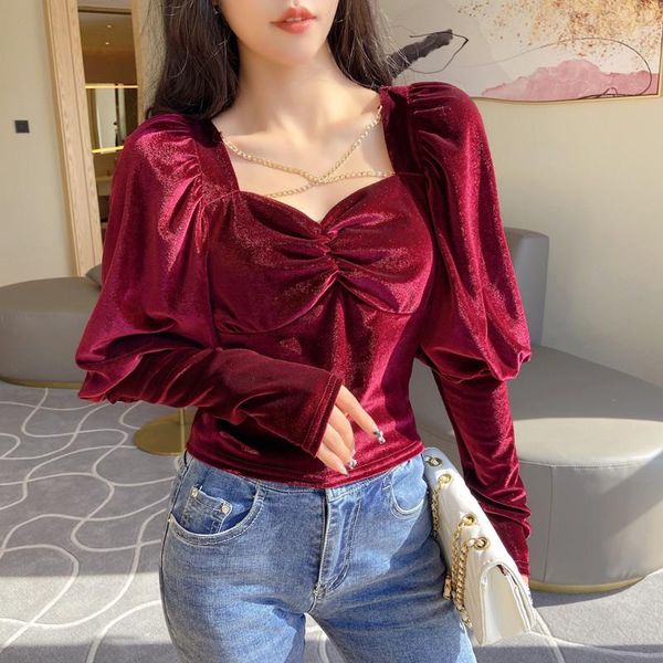 

women's blouses & shirts fall vintage long sleeve blouse women velvet crop female puff square collar chains criss-cross backless shirt, White