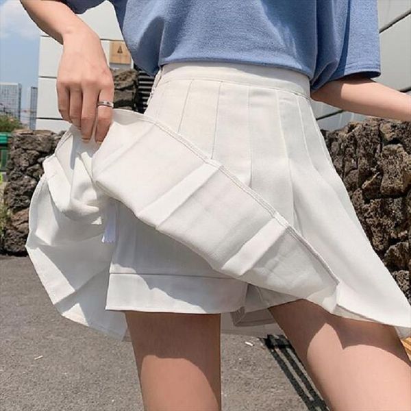

button zipper high waist mini women skirt a line slim pleated sweet korean white summer japan clothes, Black