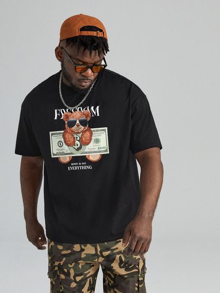 

extended sizes men bear & slogan graphic tee o2uq#, White;black