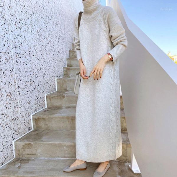 

casual dresses 2021 autumn winter turtleneck sweater dress solid color fashion loose simplicity long sleeve knitting women, Black;gray