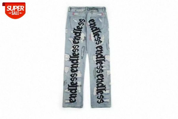 

endless embroidery denim pants rocky jeans art letter broken holes wash do old fashion men women jean trousers #ej3t, Black
