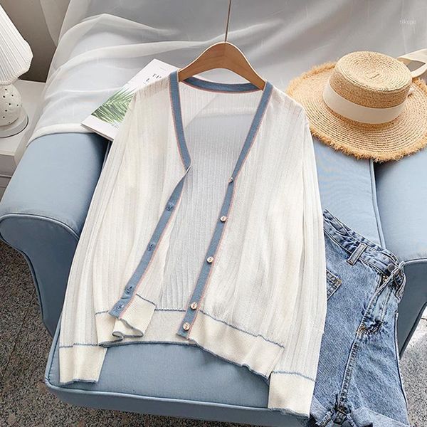 

women's knits & tees lightweight knitted women sweater cardigan 2021 summer v-neck button solid loose female outwear coats 1, White