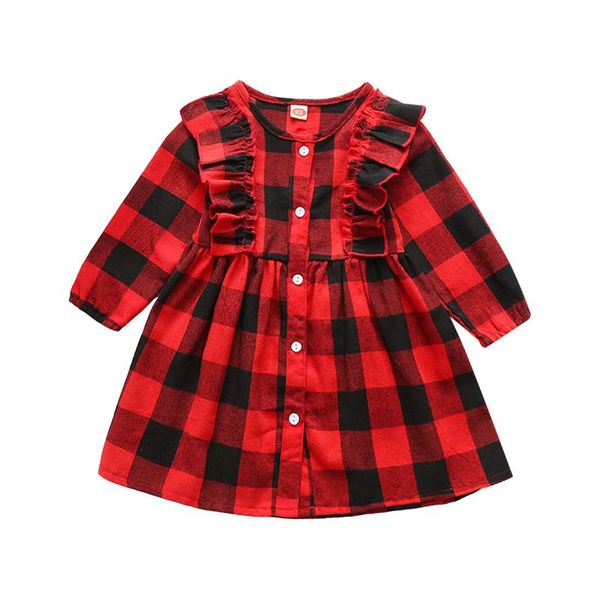 

kids baby girls long sleeve plaid one-piece dress clothes new style, Red;yellow