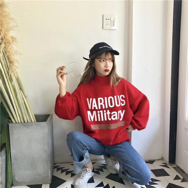 

women's hoodies & sweatshirts korean style women loose small high collar winter pullover womens plus velvet thick female long-sleeved, Black