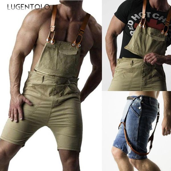 

men's jeans men overalls vintage cargo pants large size pocket casual solid mid waist straight short lugentolo, Blue