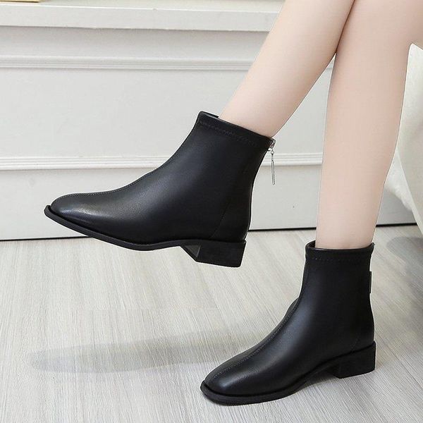 

boots 2021 winter women ankle black low heels shoes back zipper square toe booties chunky leather flat botas mujer 8797c