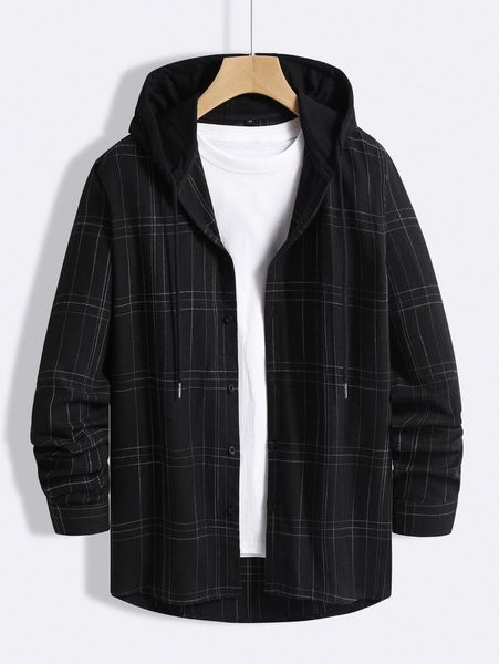 

men plaid button up drawstring hooded shirt without tee l5lg#, White;black