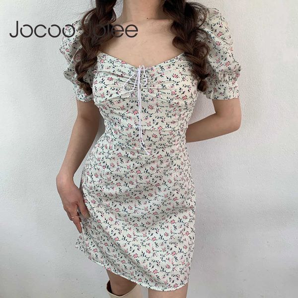 

jocoo jolee summer retro boho women tie v neck floral print mini dress puff sleeve korean slim chiffon dress vestidos 210619, Black;gray