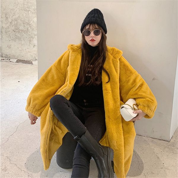 

2021 winter thick warm long hooded rabbit coat women zipper overcoat oversized loose 6 color luxury faux fur jacket female bfh4, Black