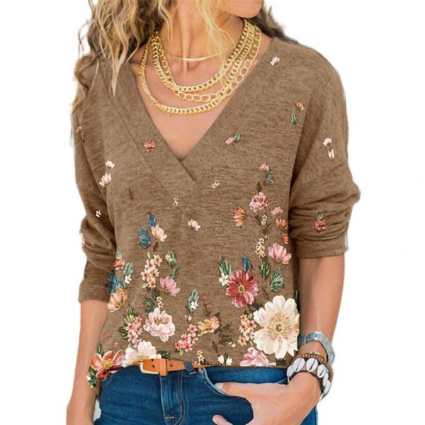 

women's blouses & shirts v neck floral print women blouse autumn winter long sleeve pullover loose top, White