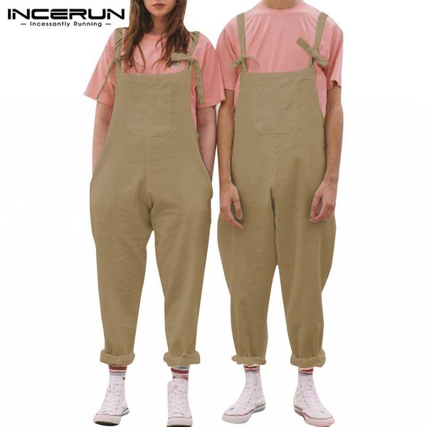 

men's pants incerun cotton linen men jumpsuit couple rompers straps suspender pockets solid loose joggers overalls s-5xl streetwear, Black