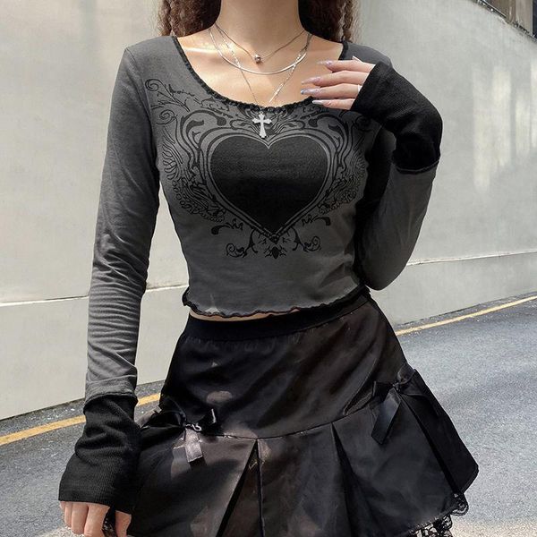 

women's t-shirt biggorange grunge retro fashion heart printed autumn t-shirts for women crop dark academia gothic clothes y2k aesthetic, White