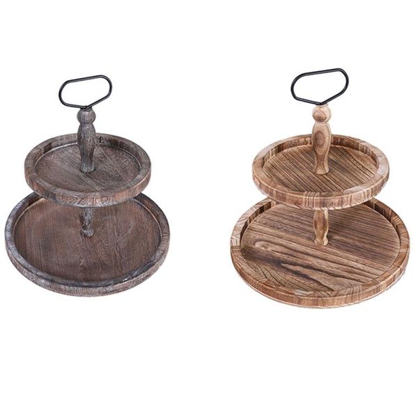 

kitchen storage & organization vintage wood two tiered tray with round metal handle,easy to assemble 2 tier home decor for cake presentation