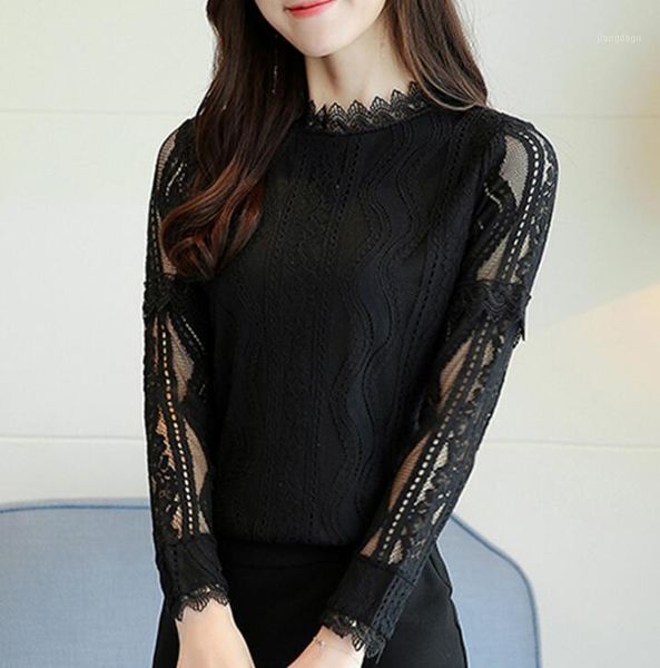 

spring women lace blouse shirts long slleve hollow out casual blusas femininas women's blouses &, White