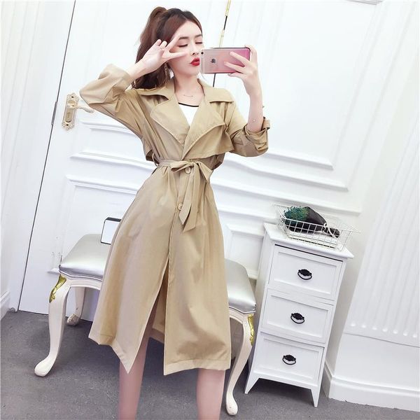 

women's trench coats clothing 2021 autumn fashion korean version big lapel mid long temperament lace up waist show thin windbreaker coa, Tan;black