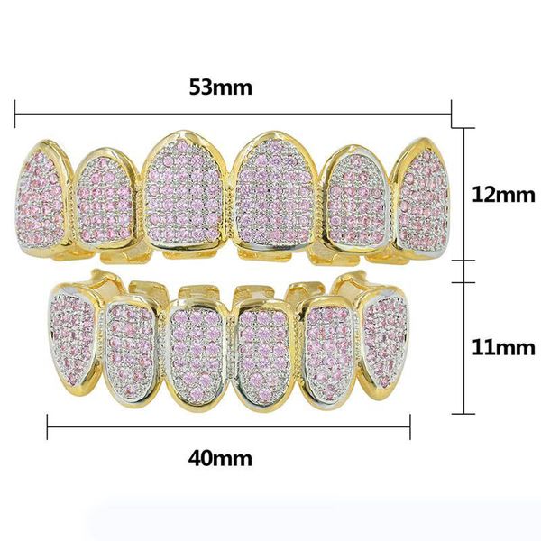 

luxury bling pink zircon dental grills for men women 18k gold plated full cz teeth grillz set hip hop grillz for rappers, Black