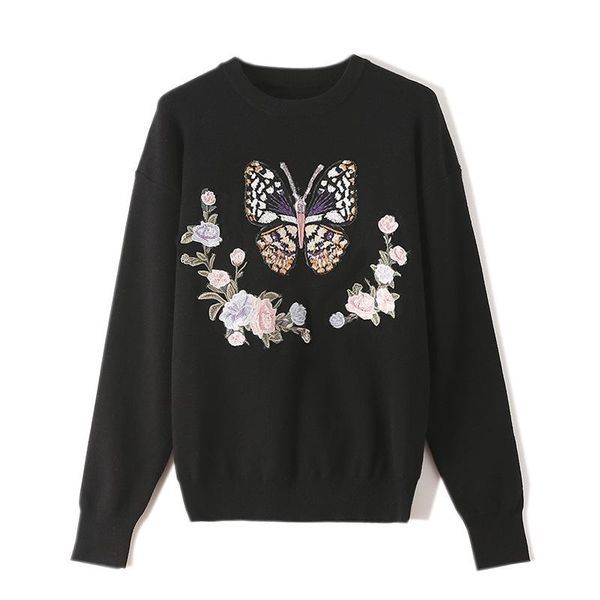 

women's sweaters 2021 autumn vintage butterfly embroidery o-neck women loose knitting fleece sweatshirt casual ladies pullover coat fem, White;black