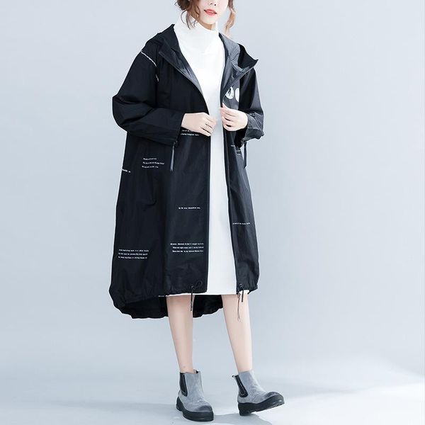 

women's trench coats johnature 2021 autumn hooded collar long sleeve cardigan zippers letter print loose casual women, Tan;black