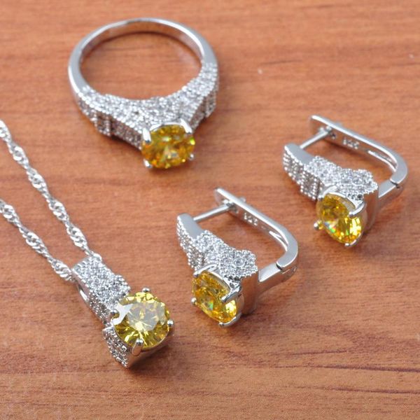 

wedding jewelry sets 2021 925 silver cubic zirconia jewelryyellow crystal for women necklace pendant earrings ring js0602, Slivery;golden