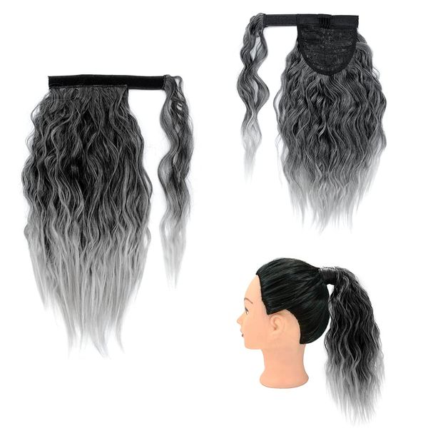 

natural highlights gray weave poytail hair piece salt & pepper silver grey human pony tail hairpiece wraps around drawstring wet and wavy fa, Black