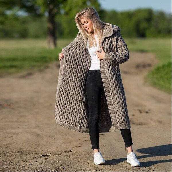 

fall and winter 2021 casual solid gray cardigan women hooded long knitted coats female oversized plus size overcoats outwear, White;black