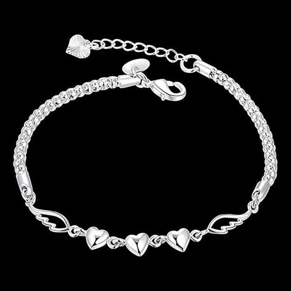 Cor de prata três grãos coração charme braceletes simplicidade anjo asa pingente pulseira para mulheres jóias mão cadeia presente q0719