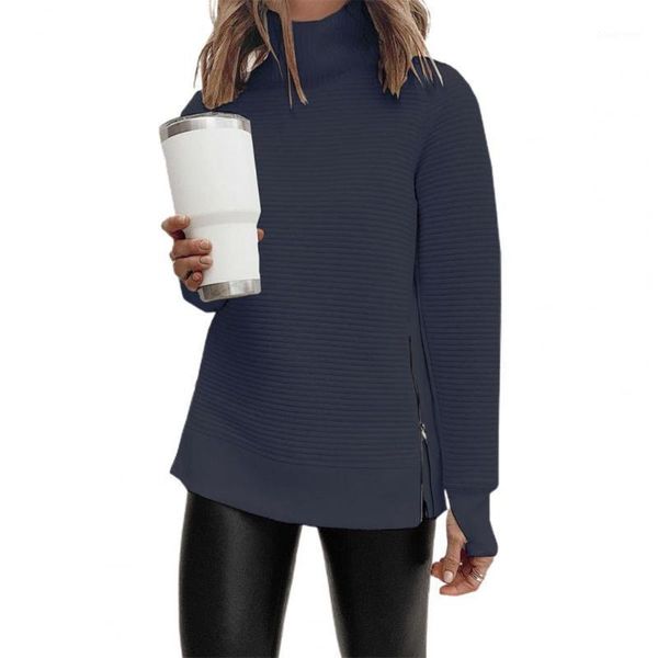 

women's hoodies & sweatshirts women sweatshirt solid color high collar casual all match side split winter clothes for daily wear, Black