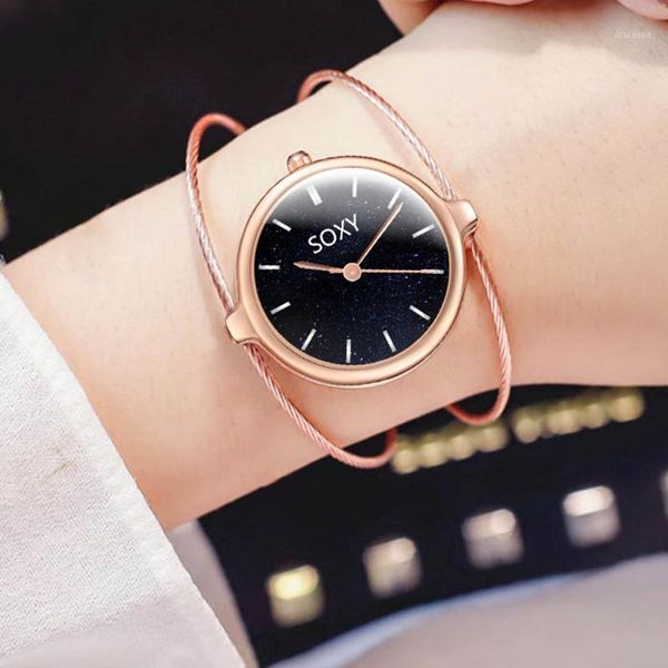 

wristwatches stainless steel bracelet women watch starry sky dial quartz wrist ladies rose gold clock relogio feminino #w, Slivery;brown