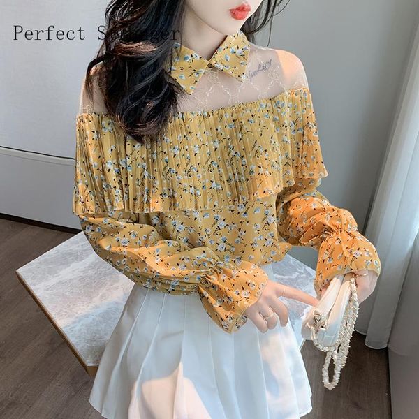 

women's blouses & shirts 2021 autumn arrival turn down collar long sleeve printed women chiffon blouse high quality, White