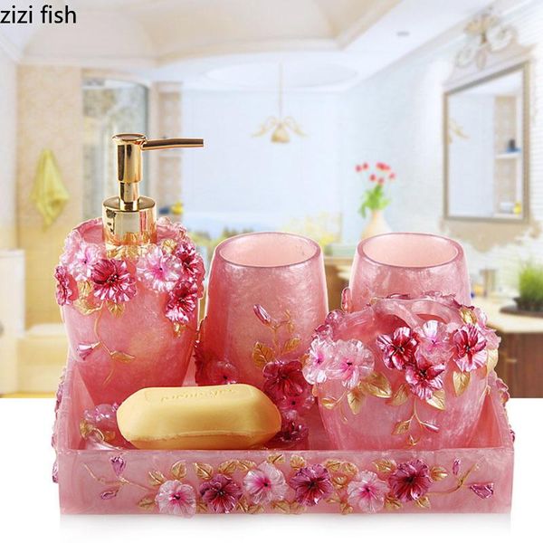 

bath accessory set pink floral texture bathroom soap dispenser toothbrush holder cup dish tray nordic household storage supplies