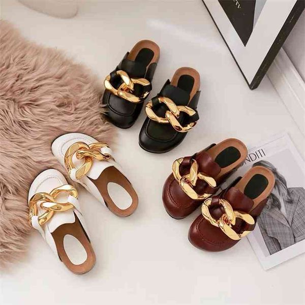 

wholesale jw chain metal half slippers 2021 summer thick sandals women flat bottomed lazy one word drag tide luxurysss designersss shoes yw, Black