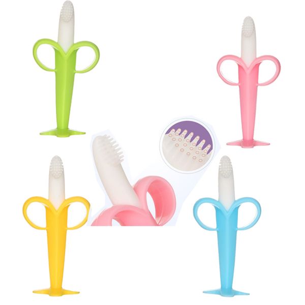 Banana bebê escova de dentes auto suave dor alívio macio bebê brinquedos brinquedos formação escova de dentes para bebês toddlers bebês molar tether