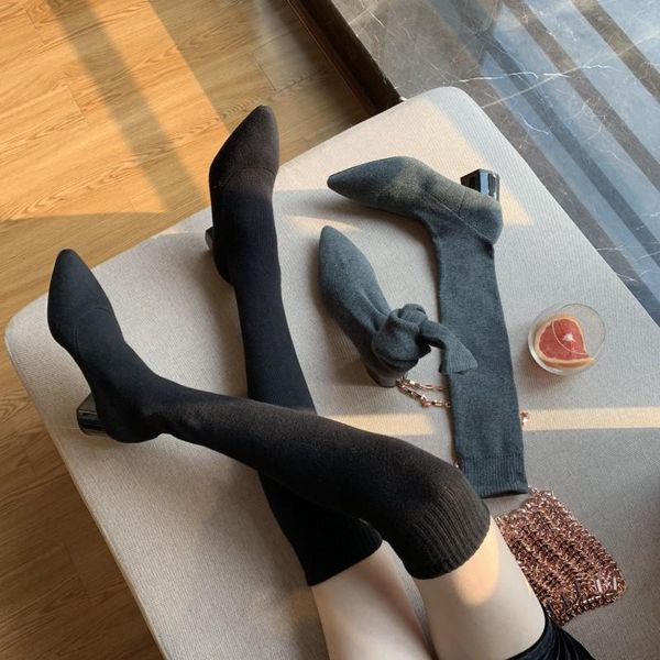 

boots women over the knee sock round toe block mid heeled slip on elastic knitting ladies autumn, Black