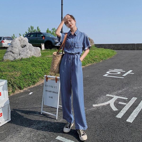 

women's jeans japanese streetwear women tencel denim jumpsuit summer 2021 lace up the waist loose wide-leg pants trousers, Blue