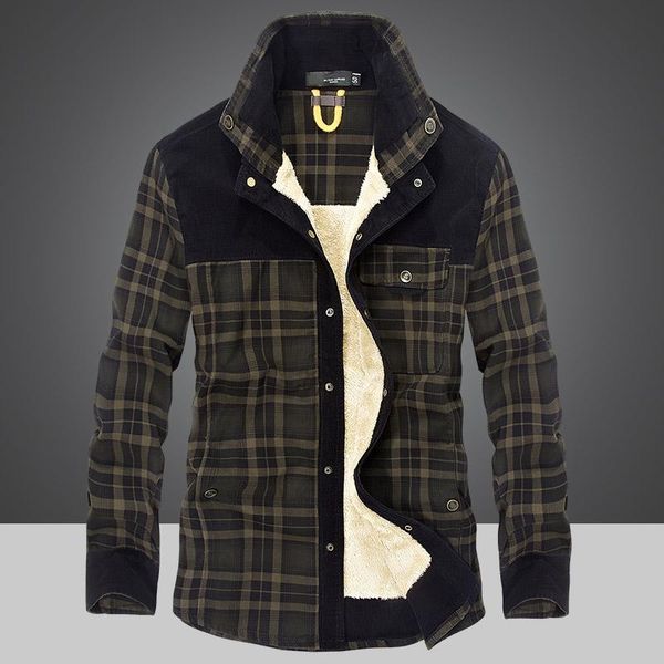 

men's casual shirts winter flannel warm men military plaid coat fleece liner jacket chemise homme long sleeve 100% cotton dress, White;black