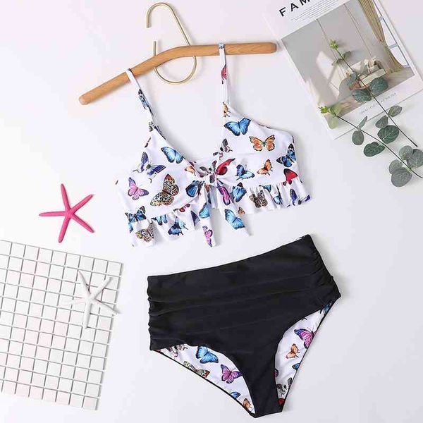 

2021 new split double side butterfly suspender high waist bikini, White;black