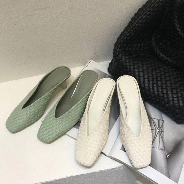 

square toe women sandals slides weave design slip on square mid high heels slippers flip flops casual summer mules slippers a8zs#, Black