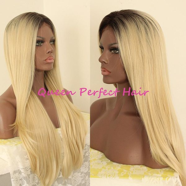 

two tone ombre wig black root blonde hair long silky straight heat resistant wig glueless hair synthetic lace front wig for black women