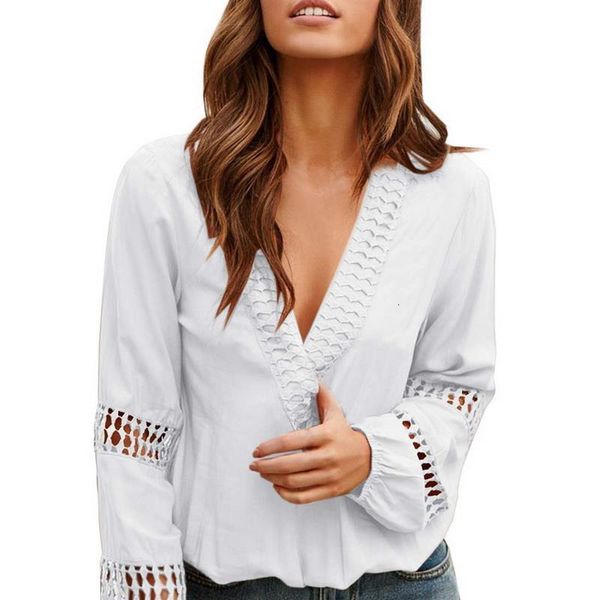 

2021 women autumn loose hollow out blouse shirts v neck long sleeve blouses ladies tunic solid casual blusas plus size, White