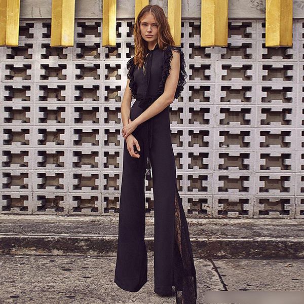 

women's jumpsuits & rompers summer fashion party elegant vintage office casual pants lace stitching black slim, Black;white